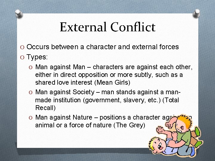 External Conflict O Occurs between a character and external forces O Types: O Man
