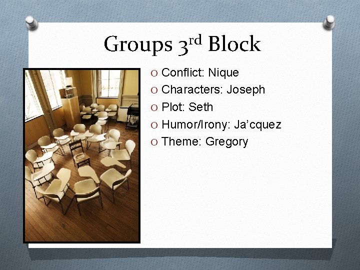 Groups 3 rd Block O Conflict: Nique O Characters: Joseph O Plot: Seth O