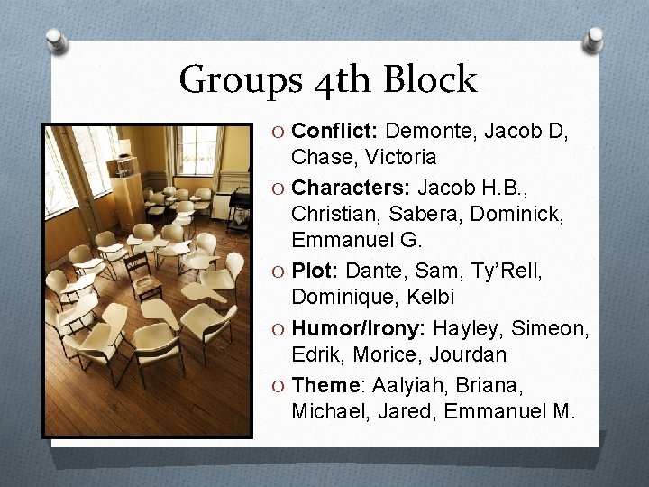 Groups 4 th Block O Conflict: Demonte, Jacob D, Chase, Victoria O Characters: Jacob