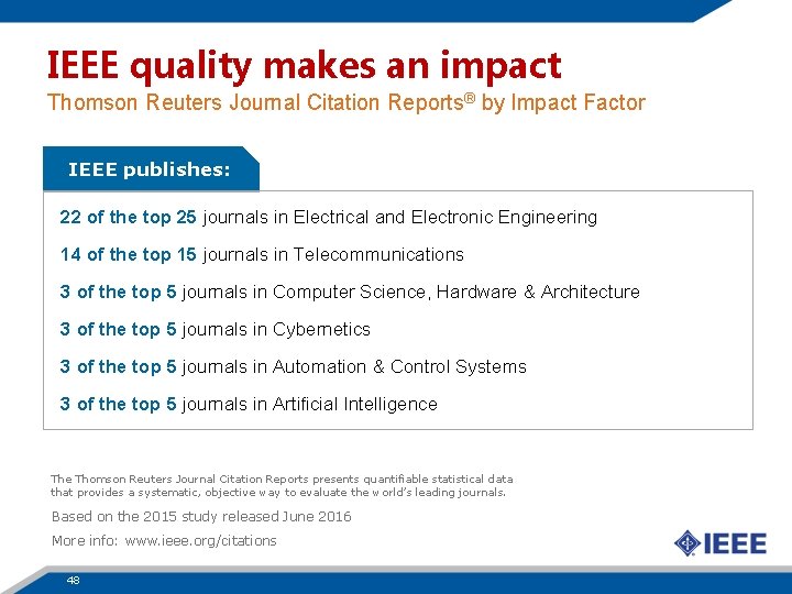 IEEE quality makes an impact Thomson Reuters Journal Citation Reports® by Impact Factor IEEE