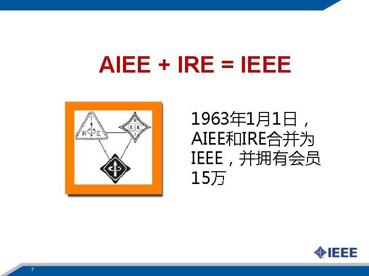 AIEE + IRE = IEEE 1963年 1月1日， AIEE和IRE合并为 IEEE，并拥有会员 15万 7 