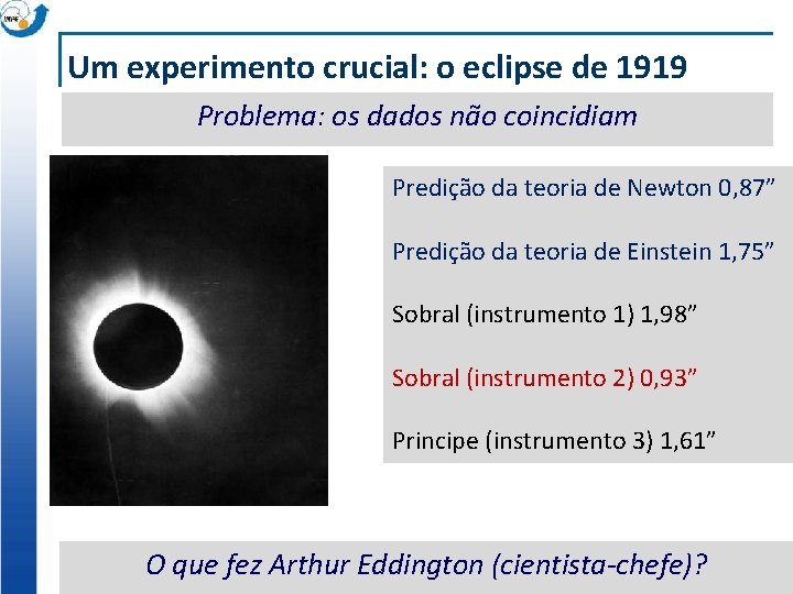 Um experimento crucial: o eclipse de 1919 Problema: os dados não coincidiam Predição da