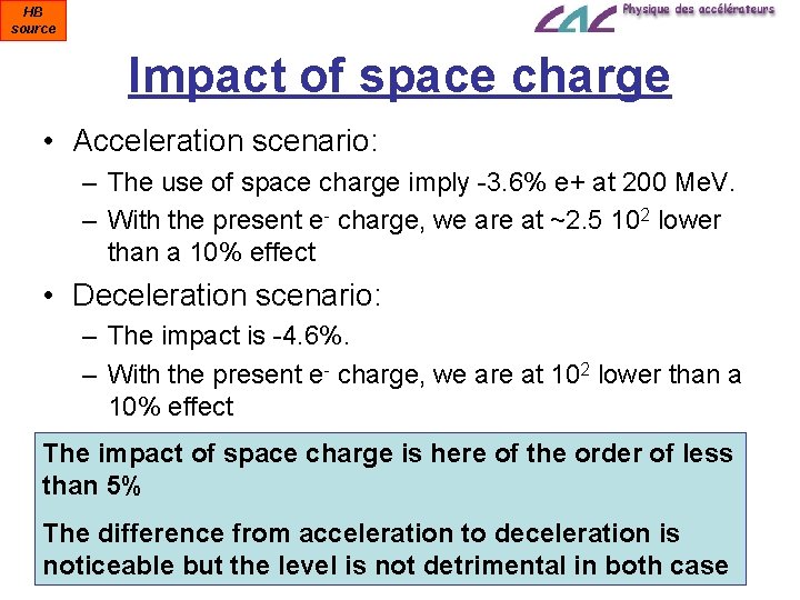 HB source Impact of space charge • Acceleration scenario: – The use of space