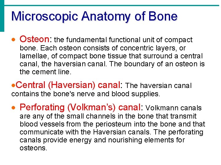 Microscopic Anatomy of Bone · Osteon: the fundamental functional unit of compact bone. Each