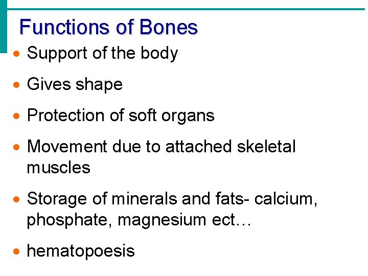 Functions of Bones · Support of the body · Gives shape · Protection of