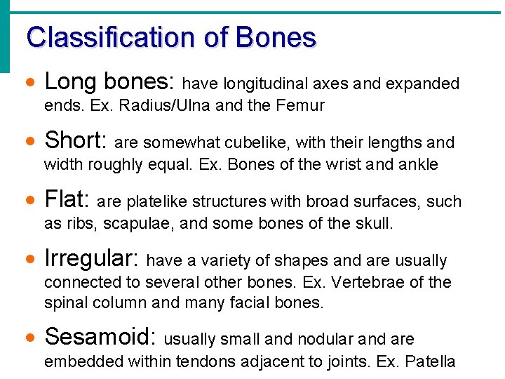 Classification of Bones · Long bones: have longitudinal axes and expanded ends. Ex. Radius/Ulna