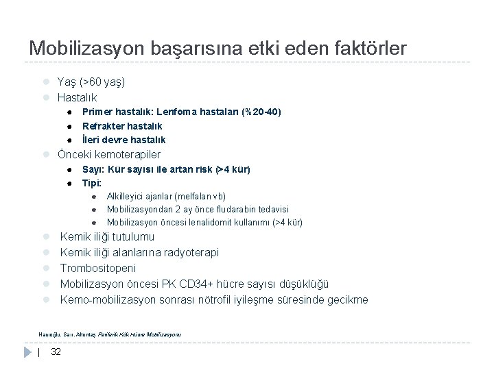 Mobilizasyon başarısına etki eden faktörler ● ● Yaş (>60 yaş) Hastalık ● Primer hastalık: