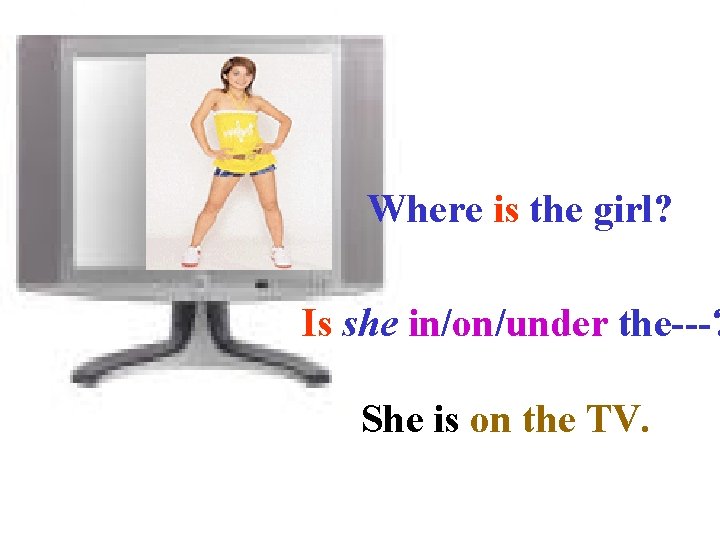 Where is the girl? Is she in/on/under the---? She is on the TV. 