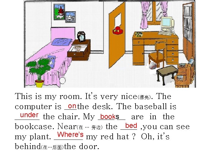 This is my room. It’s very nice(漂亮). The on computer is ___the desk. The