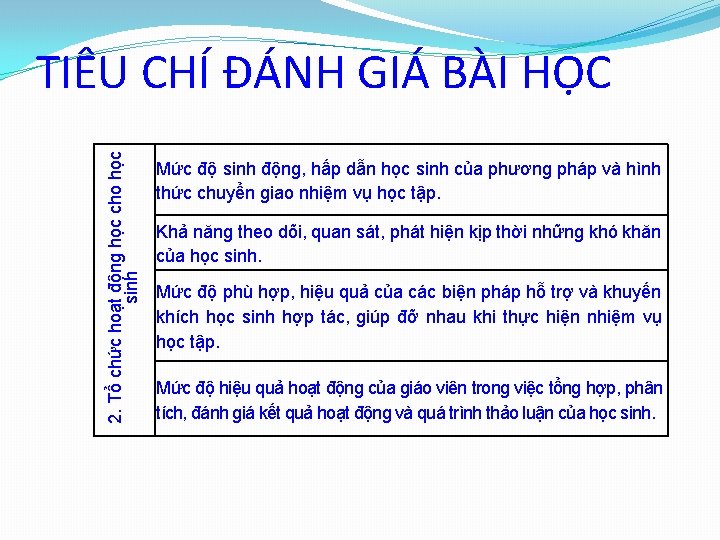 2. Tổ chức hoạt động học cho học sinh TIÊU CHÍ ĐÁNH GIÁ BÀI