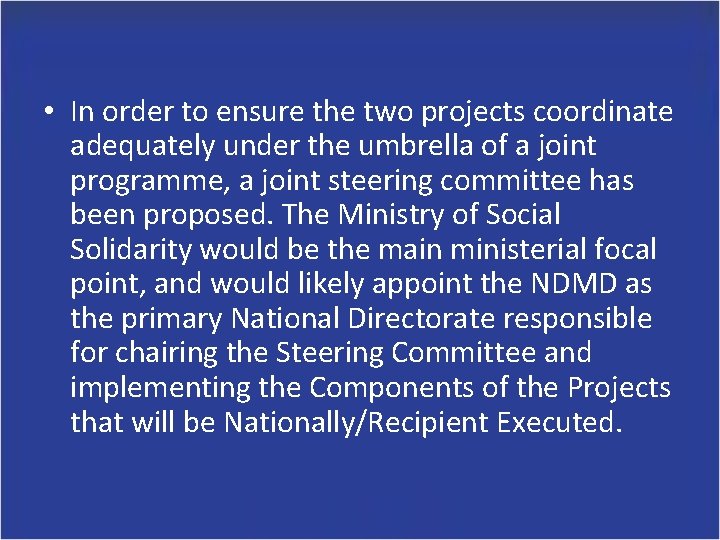  • In order to ensure the two projects coordinate adequately under the umbrella