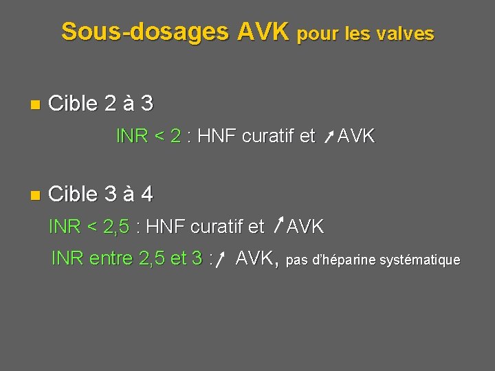 Sous-dosages AVK pour les valves Cible 2 à 3 INR < 2 : HNF