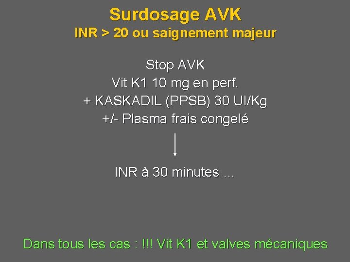 Surdosage AVK INR > 20 ou saignement majeur Stop AVK Vit K 1 10