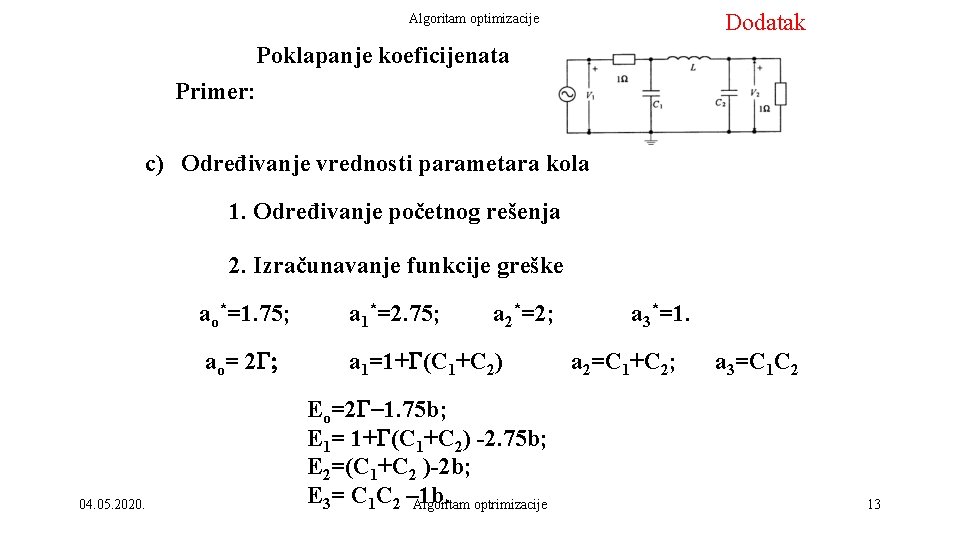 Dodatak Algoritam optimizacije Poklapanje koeficijenata Primer: c) Određivanje vrednosti parametara kola 1. Određivanje početnog