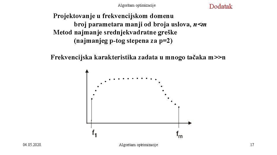 Algoritam optimizacije Dodatak Projektovanje u frekvencijskom domenu broj parametara manji od broja uslova, n<m