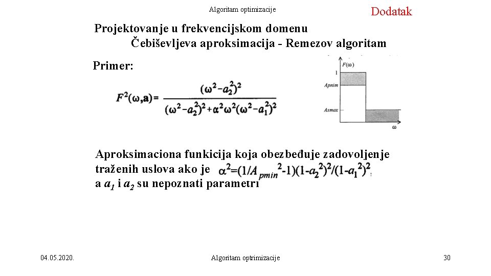 Algoritam optimizacije Dodatak Projektovanje u frekvencijskom domenu Čebiševljeva aproksimacija - Remezov algoritam Primer: Aproksimaciona