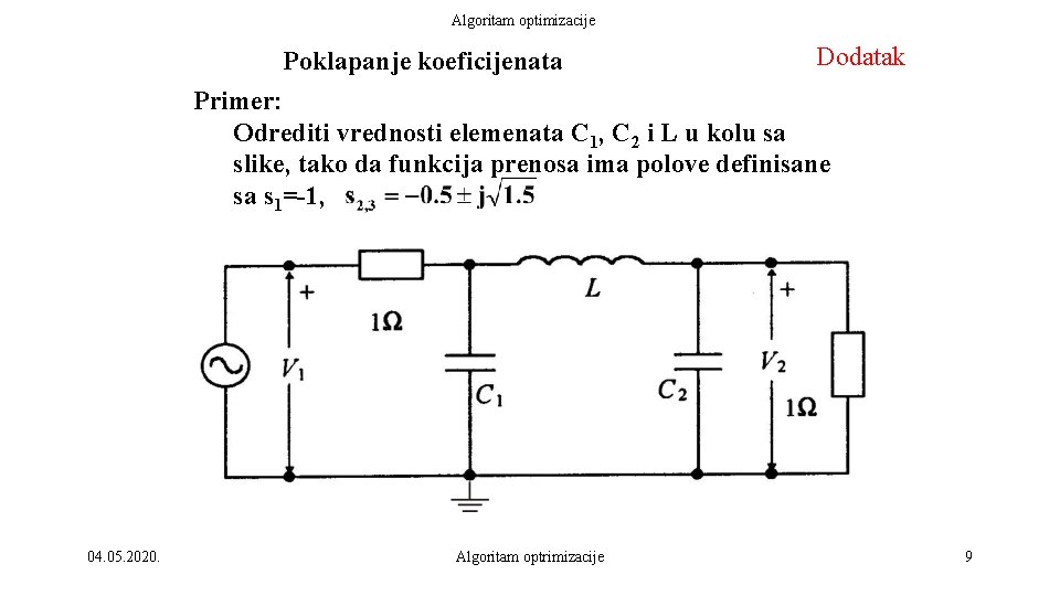 Algoritam optimizacije Dodatak Poklapanje koeficijenata Primer: Odrediti vrednosti elemenata C 1, C 2 i