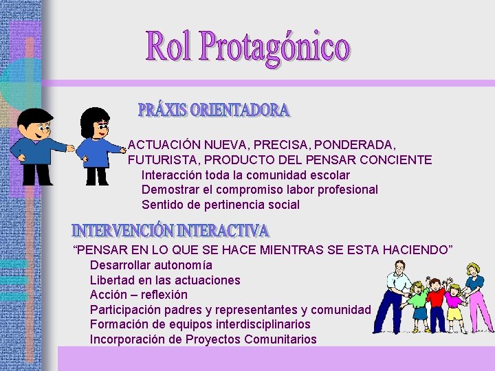 ACTUACIÓN NUEVA, PRECISA, PONDERADA, FUTURISTA, PRODUCTO DEL PENSAR CONCIENTE Interacción toda la comunidad escolar