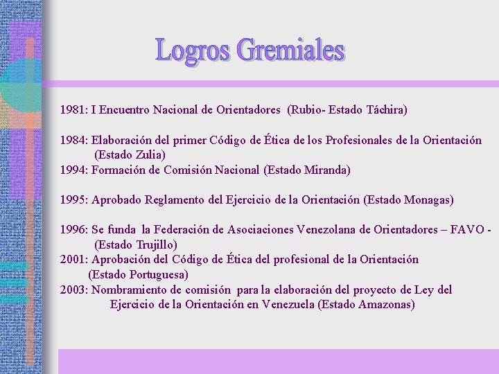 1981: I Encuentro Nacional de Orientadores (Rubio- Estado Táchira) 1984: Elaboración del primer Código
