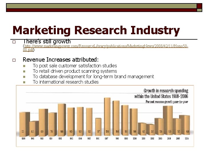 Marketing Research Industry o There’s still growth o Revenue Increases attributed: (http: //www. marketingpower.