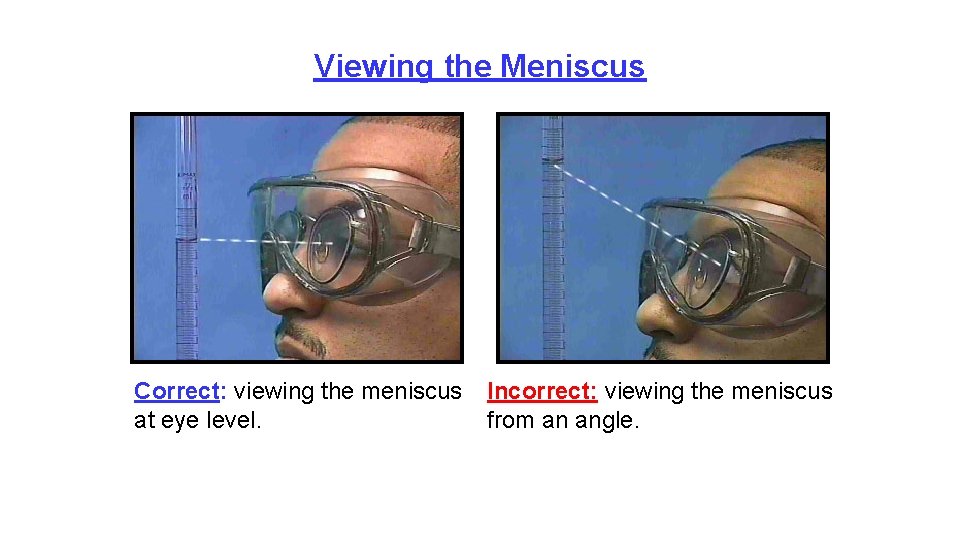 Viewing the Meniscus Correct: viewing the meniscus at eye level. Incorrect: viewing the meniscus