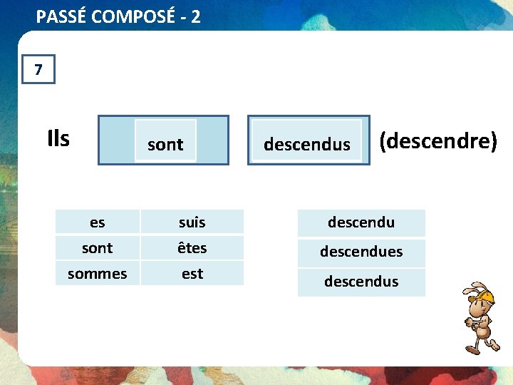 PASSÉ COMPOSÉ - 2 7 Ils es sont sommes sont suis êtes est descendus