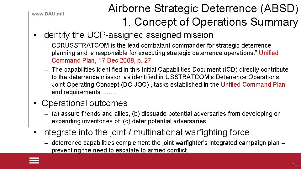 Airborne Strategic Deterrence (ABSD) 1. Concept of Operations Summary • Identify the UCP assigned