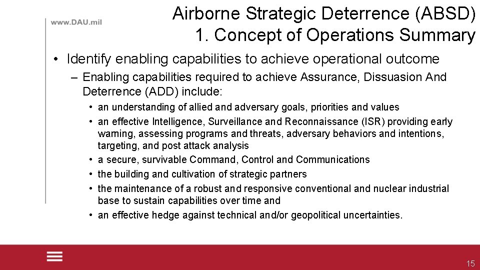 Airborne Strategic Deterrence (ABSD) 1. Concept of Operations Summary • Identify enabling capabilities to