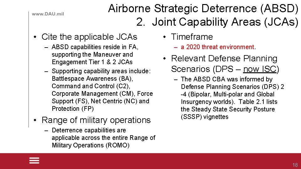 Airborne Strategic Deterrence (ABSD) 2. Joint Capability Areas (JCAs) • Cite the applicable JCAs