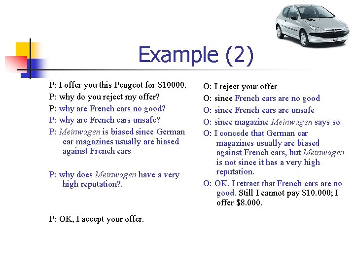 Example (2) P: I offer you this Peugeot for $10000. P: why do you
