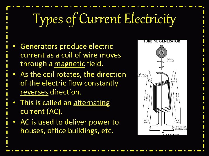 Types of Current Electricity • Generators produce electric current as a coil of wire