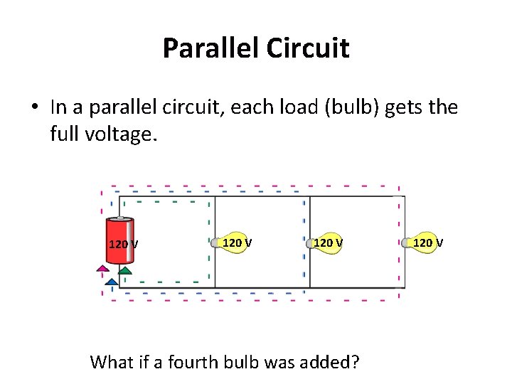 Parallel Circuit • In a parallel circuit, each load (bulb) gets the full voltage.
