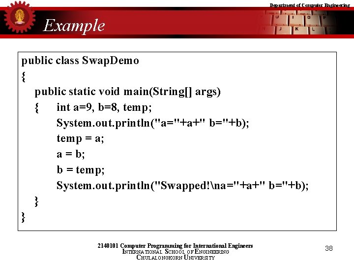 Department of Computer Engineering Example public class Swap. Demo { public static void main(String[]