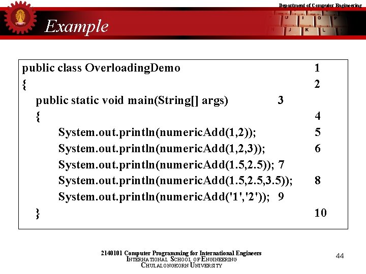 Department of Computer Engineering Example public class Overloading. Demo { public static void main(String[]