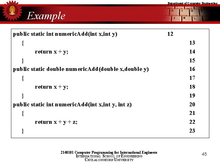 Department of Computer Engineering Example public static int numeric. Add(int x, int y) {