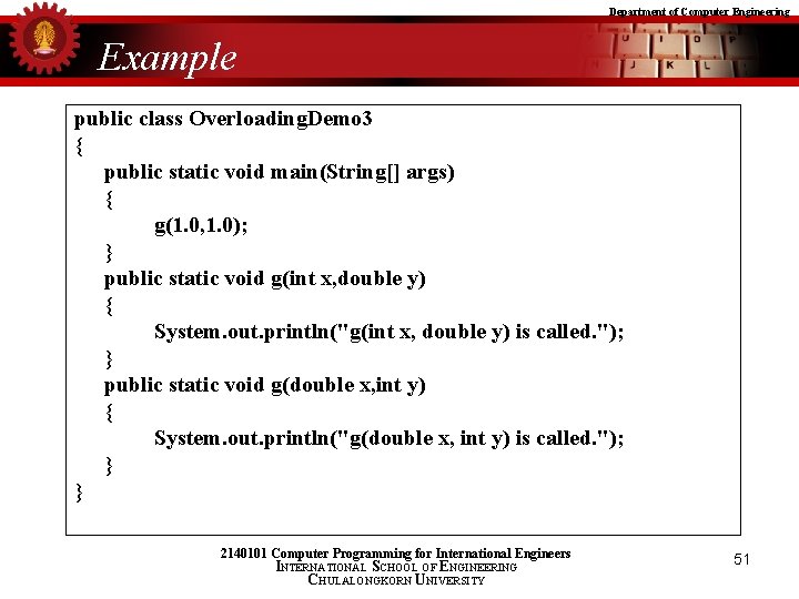 Department of Computer Engineering Example public class Overloading. Demo 3 { public static void Department of Computer Engineering Example public class Overloading. Demo 3 { public static void