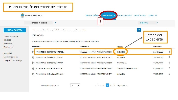 5. Visualización del estado del trámite Provincia/ municipio 1 DIEGO J Estado del Expediente