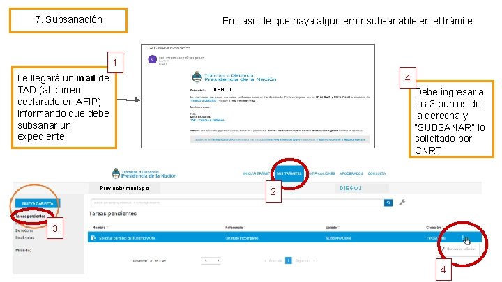 7. Subsanación En caso de que haya algún error subsanable en el trámite: 1