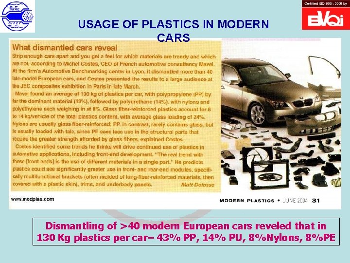 USAGE OF PLASTICS IN MODERN CARS Dismantling of >40 modern European cars reveled that
