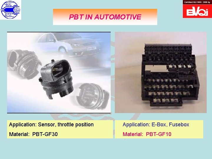 PBT IN AUTOMOTIVE Application: Sensor, throttle position Application: E-Box, Fusebox Material: PBT-GF 30 Material: