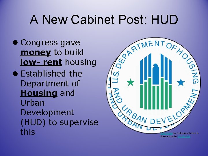 A New Cabinet Post: HUD l Congress gave money to build low- rent housing