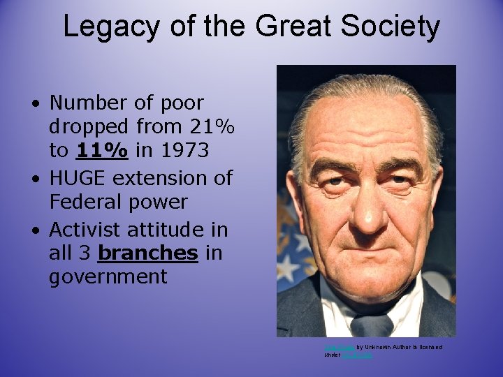 Legacy of the Great Society • Number of poor dropped from 21% to 11%