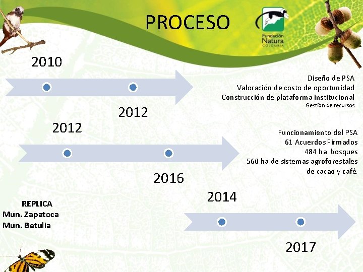 PROCESO 2010 Diseño de PSA Valoración de costo de oportunidad Construcción de plataforma institucional