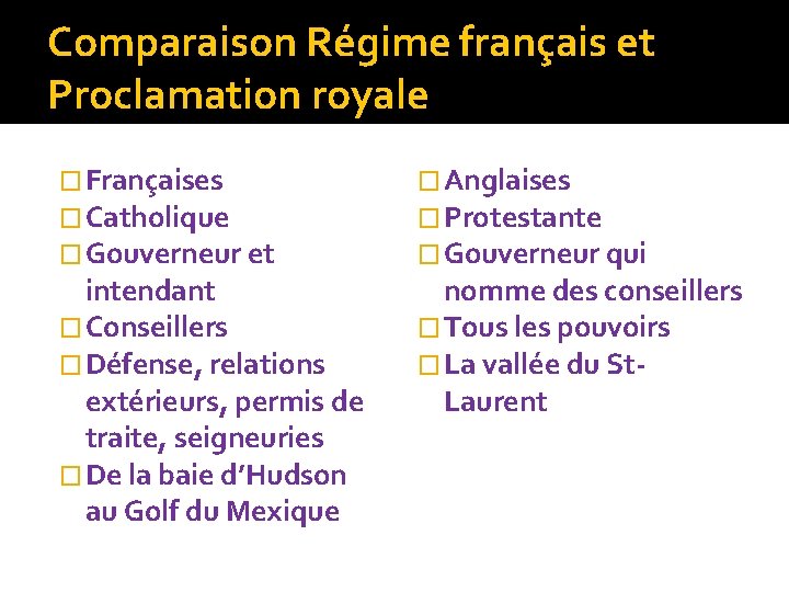 Comparaison Régime français et Proclamation royale � Françaises � Catholique � Gouverneur et intendant