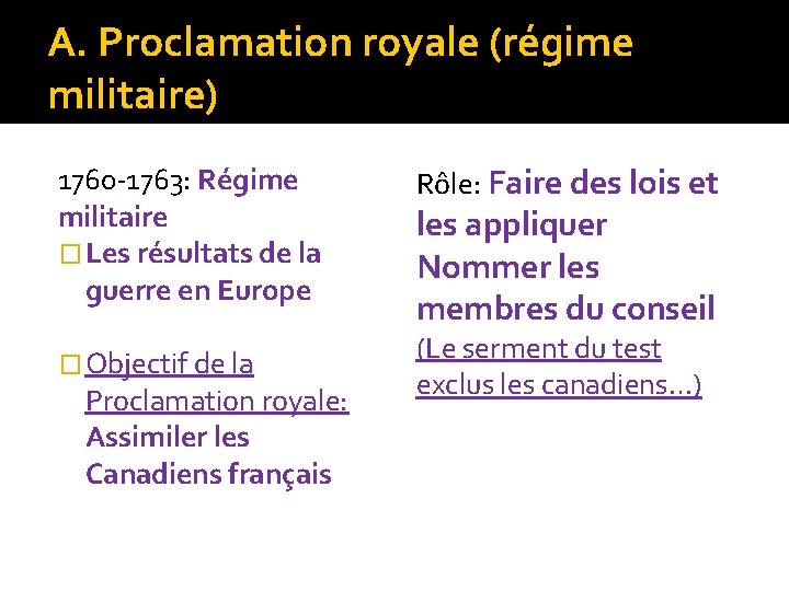 A. Proclamation royale (régime militaire) 1760 -1763: Régime militaire � Les résultats de la