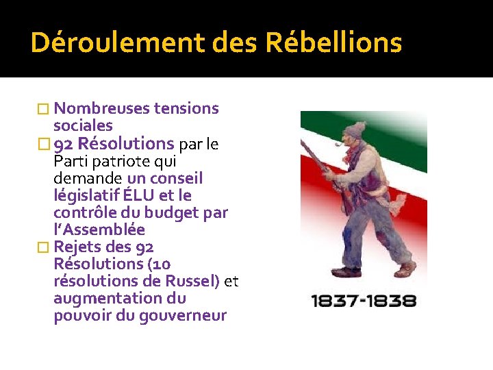 Déroulement des Rébellions � Nombreuses tensions sociales � 92 Résolutions par le Parti patriote