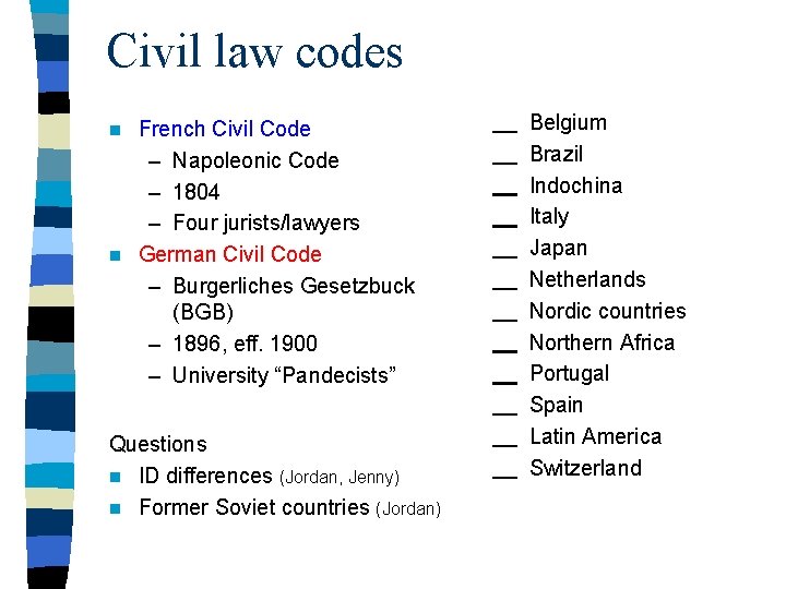 Civil law codes French Civil Code – Napoleonic Code – 1804 – Four jurists/lawyers