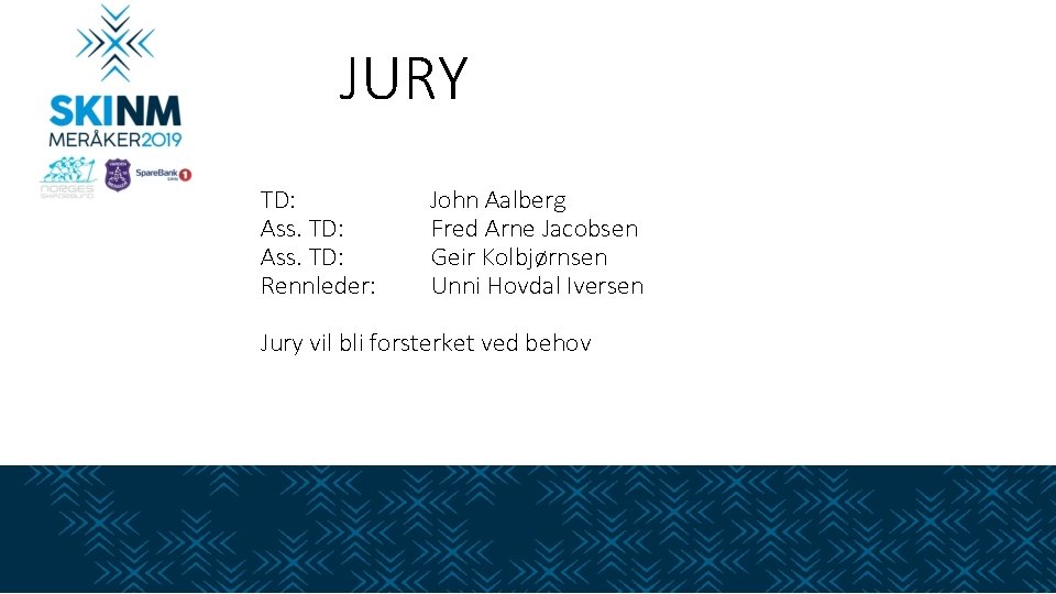 JURY TD: John Aalberg Ass. TD: Fred Arne Jacobsen Ass. TD: Geir Kolbjørnsen Rennleder: