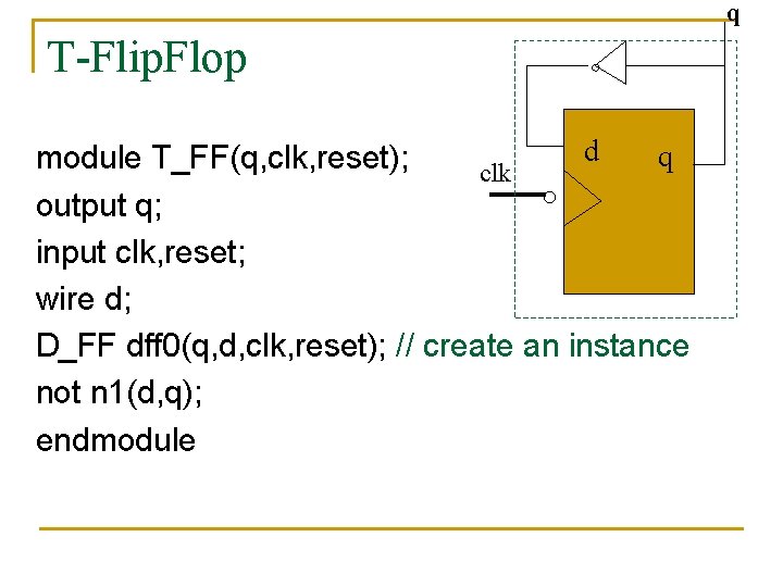 q T-Flip. Flop 。 d q module T_FF(q, clk, reset); clk ○ output q;