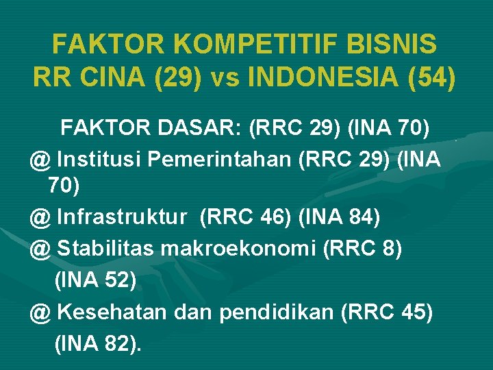 FAKTOR KOMPETITIF BISNIS RR CINA (29) vs INDONESIA (54) FAKTOR DASAR: (RRC 29) (INA